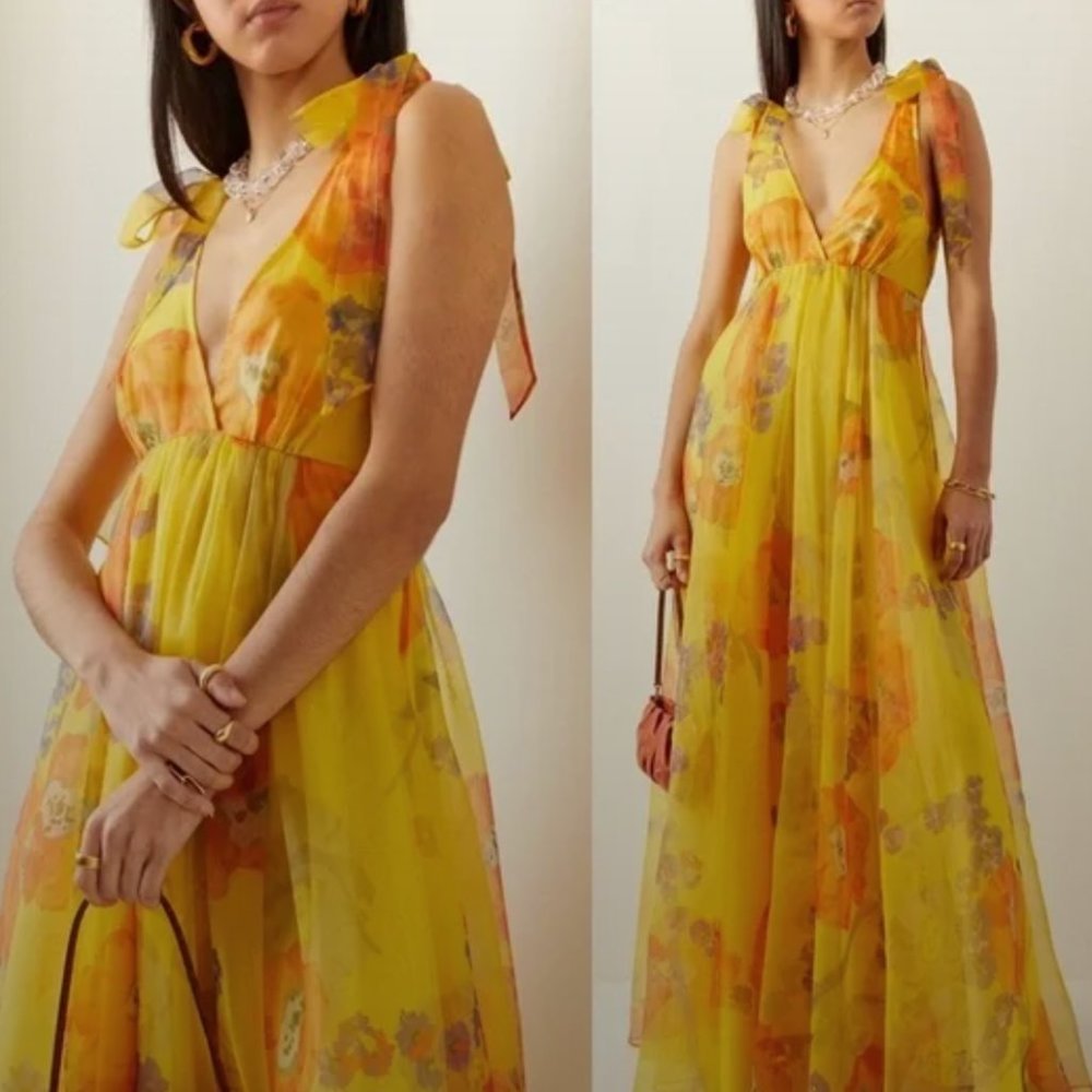 STAUD Dandelion Floral Printed Organza Maxi Dress California Poppy Gold Yellow